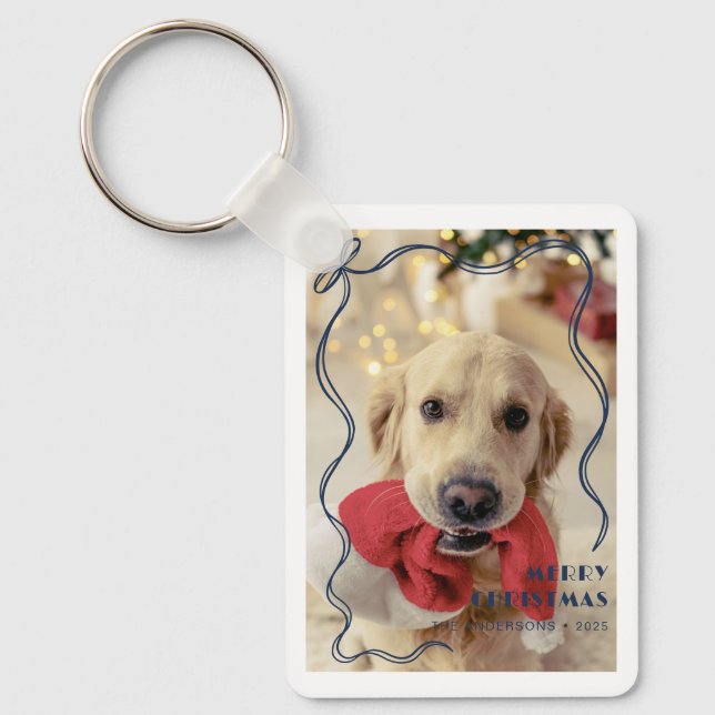 Whimsical Red Ribbon Pet Foto Frohe Weihnachten Schlüsselanhänger (Vorderseite)