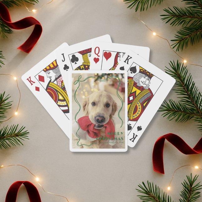 Whimsical Red Ribbon Pet Foto Frohe Weihnachten Spielkarten (Von Creator hochgeladen)