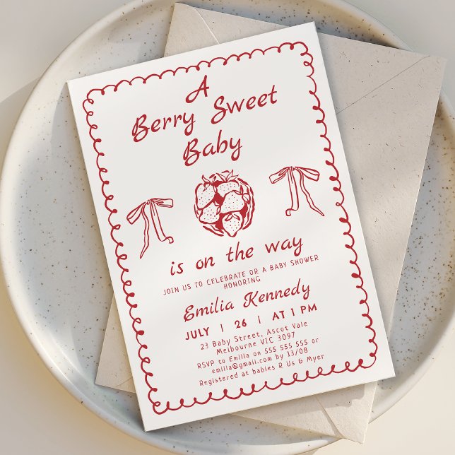 Whimsical Red Strawberry Berry Sweet Baby Dusche Einladung (Hand Drawn Berry Baby Shower Invitation Template Red, Whimsical Strawberry Baby Shower Invitation )