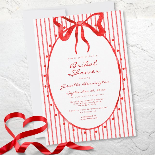 Whimsical Red Watercolor Bow Stripe Bridal Shower Einladung (Whimsical Red Watercolor Bow Stripe Bridal Shower Invitation)