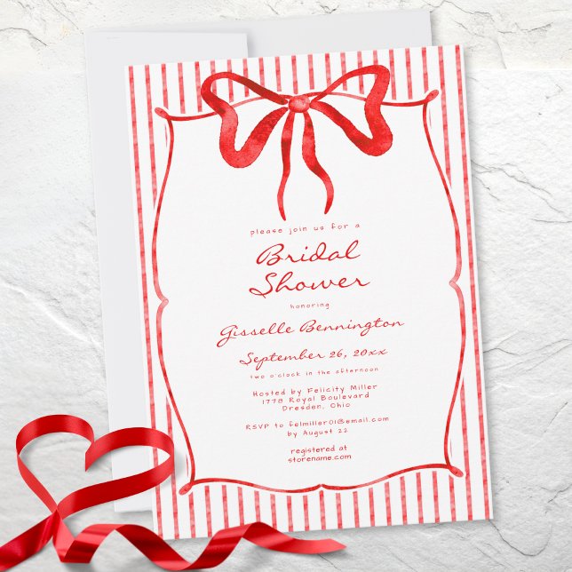 Whimsical Red Watercolor Bow Stripe Bridal Shower Einladung (Whimsical Red Watercolor Bow Stripe Bridal Shower Invitation)