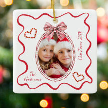 Whimsical Red Wavy Frame Bow Foto Weihnachten