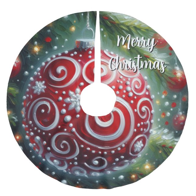 Whimsical Red White Ornament Wirbel Saison Polyester Weihnachtsbaumdecke (Vorderseite)