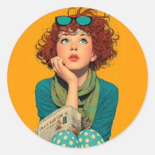 Whimsical Redhead in Polka Dots Runder Aufkleber
