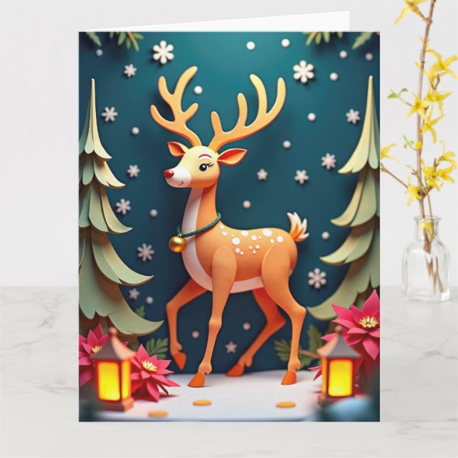 Whimsical Rentier in Snowy Forest Christmas Art Karte (Gelbe Blume)