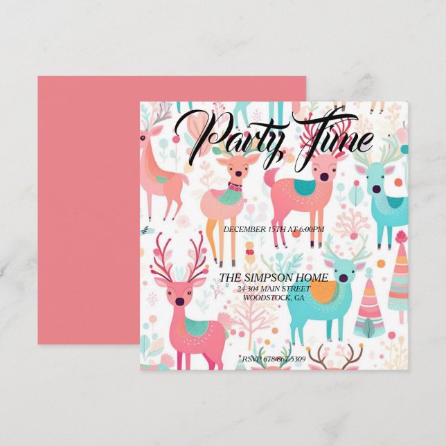 Whimsical Rentier Weihnachtsfeier Party Einladung (Vorne/Hinten)