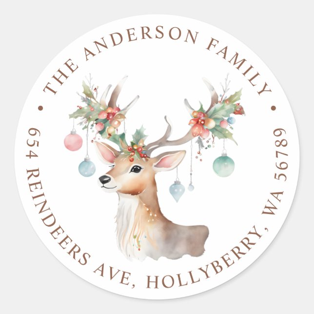 Whimsical Rentier Weihnachtsfeier Rücksendeadresse Runder Aufkleber (Vorderseite)
