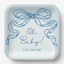 Whimsical Retro Blue Hand Drawn Bow Baby Dusche
