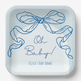 Whimsical Retro Blue Hand Drawn Bow Baby Dusche Pappteller
