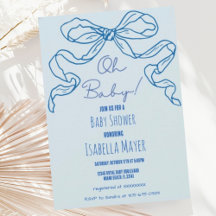 Whimsical Retro Blue Hand Drawn Bow Oh Baby Dusche