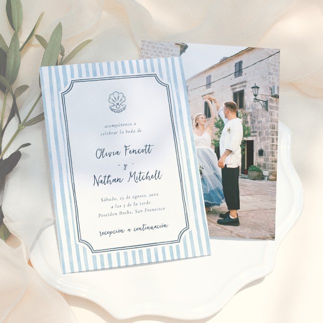 Whimsical Retro Blue Stripes Spanish Wedding Einladung (Von Creator hochgeladen)