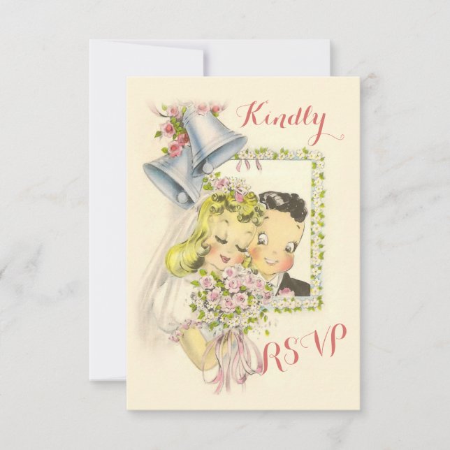 Whimsical Retro Bridge and Groom Wedding RSVP Karte (Vorderseite)