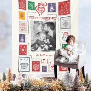 Whimsical Retro Briefmarke Weihnachts Illustration Fleecedecke