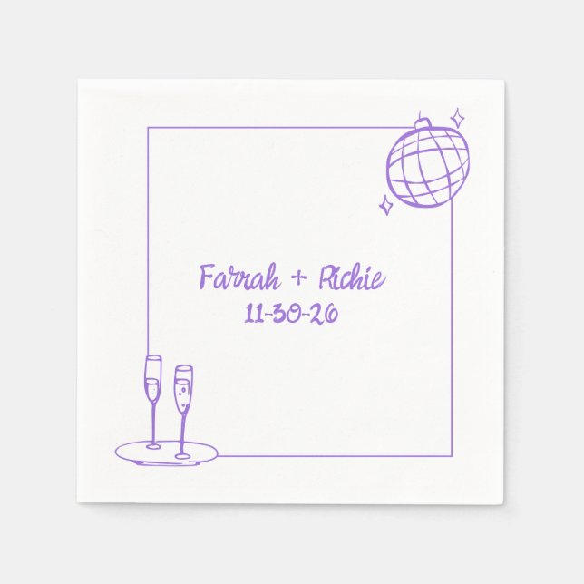 Whimsical Retro Disco Personalisierte Lila Hochzei Serviette (Vorderseite)