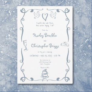 Whimsical Retro Hand Drawn Dusty Blue Wedding Einladung