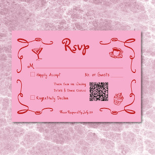 Whimsical Retro Hand gezogen rosa rote Hochzeit QR RSVP Karte