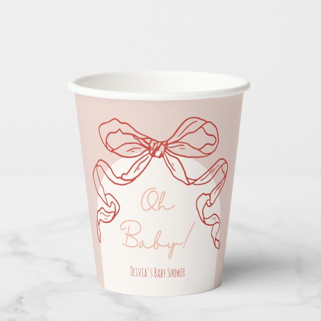 Whimsical Retro Orange Hand Drawn Bow Baby Dusche Pappbecher (Vorderseite)