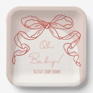 Whimsical Retro Orange Hand Drawn Bow Baby Dusche Pappteller