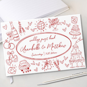 Whimsical Retro Rote Handgezeichnete Hochzeit Gästebuch