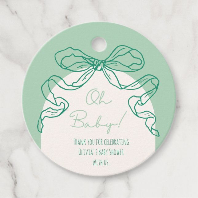 Whimsical Retro Sage Hand Drawn Bow Baby Dusche Geschenkanhänger (Vorderseite)