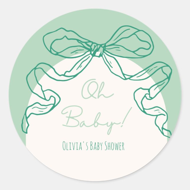 Whimsical Retro Sage Hand Drawn Bow Baby Dusche Runder Aufkleber (Vorderseite)