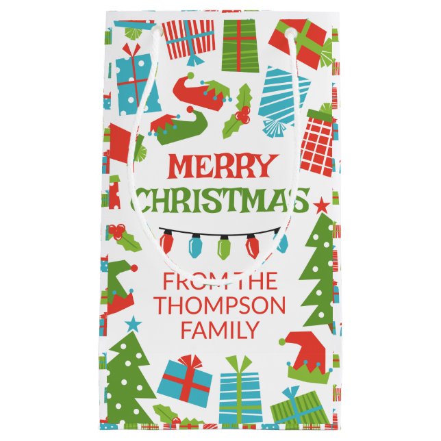 Whimsical Retro Tree & Geschenke Frohe Weihnachten Kleine Geschenktüte (Vorderseite)