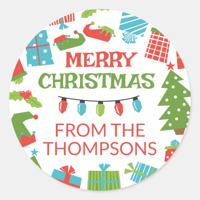 Whimsical Retro Tree & Geschenke Frohe Weihnachten Runder Aufkleber (Vorderseite)