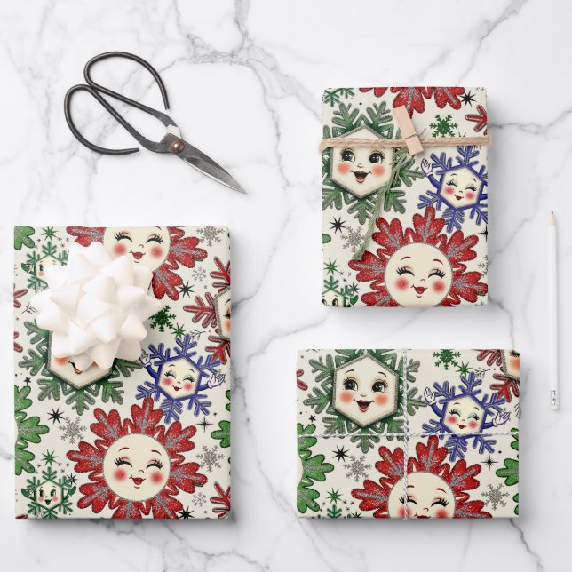 Whimsical Retro Weihnachten Schneeflocken Geschenkpapier Set (Vorderseite)