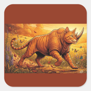 Whimsical Rhino Cat – Gemütliches Herbsttier-Gesch Quadratischer Aufkleber