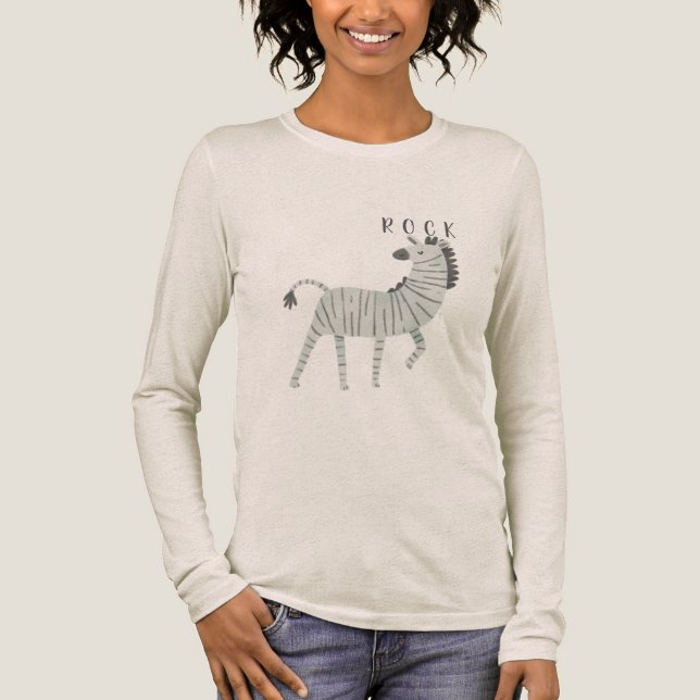 Whimsical "ROCK" Zebra Graphic Long Sleeve T-Shirt Tri-Blend Shirt (Vorderseite)