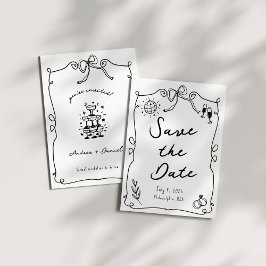 Whimsical Romantic Hand Schwarz-weiße Hochzeit gez Save The Date
