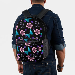 Whimsical Rosa Floral und Blau Schmetterling Nahtl Bedruckter Rucksack