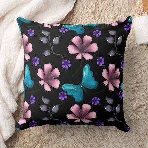 Whimsical Rosa Floral und Blau Schmetterling Nahtl Kissen