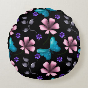 Whimsical Rosa Floral und Blau Schmetterling Nahtl Rundes Kissen
