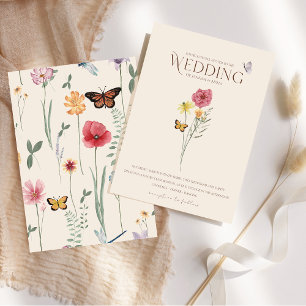 Whimsical Rosa Gelbe Wildblumen Schmetterling Hoch Einladung