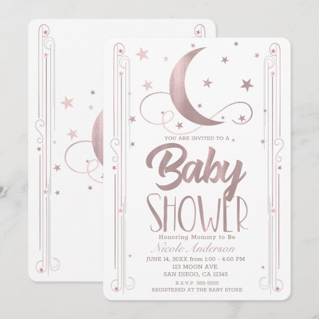 Whimsical Rose Gold Pink Moon Stars Kinderdusche Einladung (Vorne/Hinten)