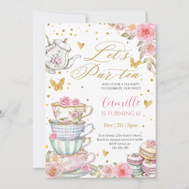Whimsical rose Pink Floral Tea Party Birthday  Einladung (Vorderseite)