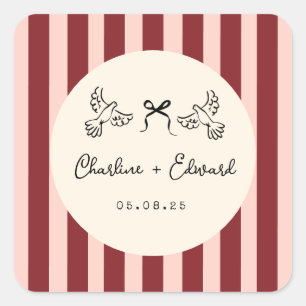 Whimsical rote und rosafarbene gestreifte Hochzeit Quadratischer Aufkleber