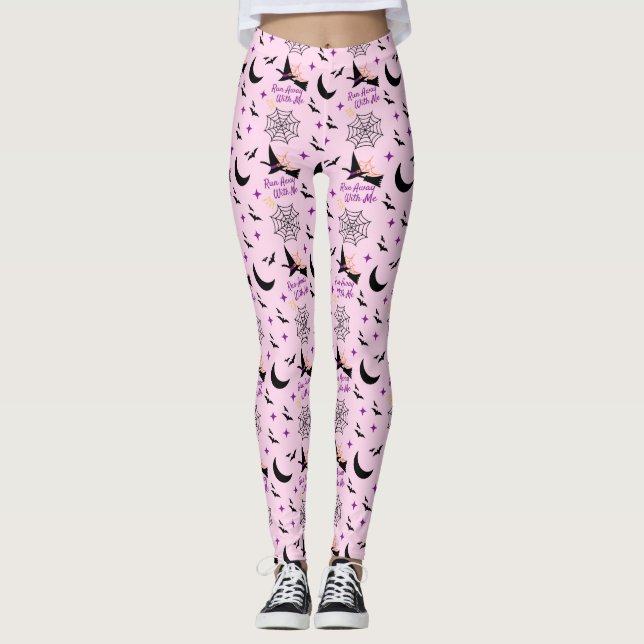 Whimsical "Run Away with Me" Halloween Hexe & Bat Leggings (Vorderseite)