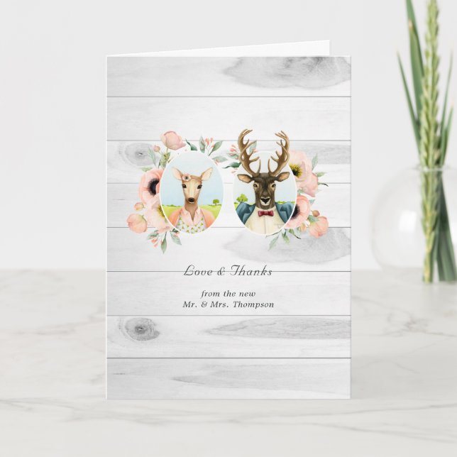 Whimsical Rustic Woodland Forest Deer Wedding Dankeskarte (Vorderseite)