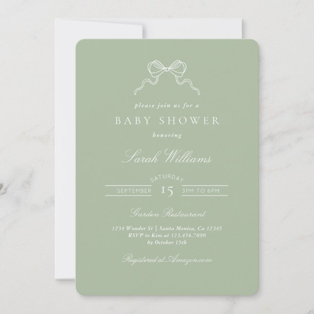 Whimsical Sage Bow Baby Shower invitation (Devant)