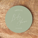 Whimsical Sage Green Baby Dusche Runder Pappuntersetzer<br><div class="desc">Mit unserem bizarren grünen Baby Duschkopf runden Untersetzer, perfekt für Ihr einfaches, modernes Boho zu jeder Jahreszeit! Dieser Untersetzer mit seinem boho-chic, geschlechtsneutralen Ambiente, eleganter Kalligraphie und einem dezenten minimalistischen Design ist ideal für Jungen und Mädchen. Außerdem ist es bearbeitbar, sodass Sie Ihre eigene klassische, skurrile Touch hinzufügen können, um...</div>