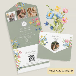 Whimsical Sage Green Wildblume Hochzeit All In One Einladung