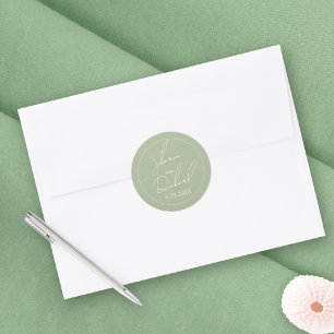 Whimsical sage grüne Schriftzeichen Hochzeit Runder Aufkleber