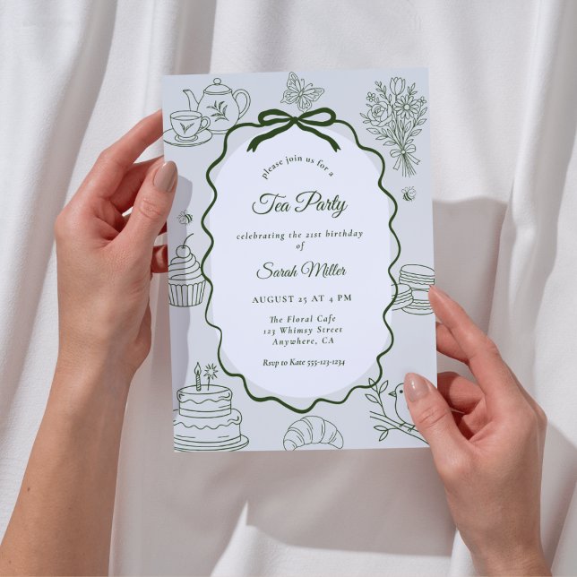 Whimsical Sage Hand Drawn Adult Birthday Tea Party Einladung (Von Creator hochgeladen)
