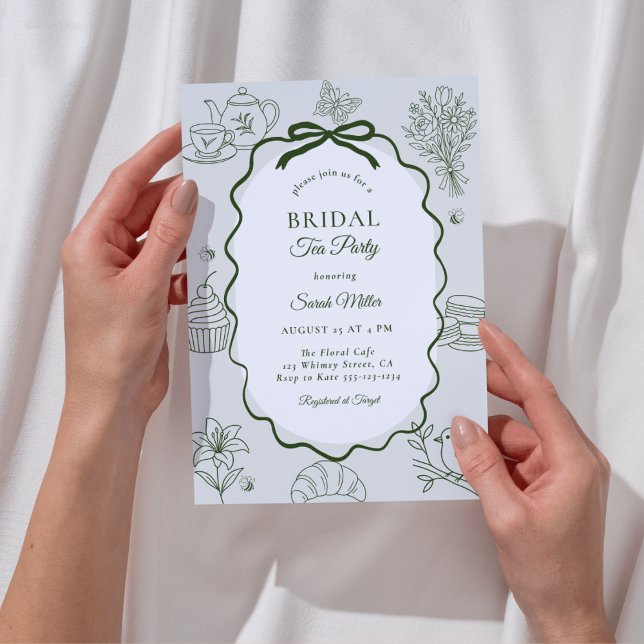 Whimsical Sage Hand Drawn Tea Party Bridal Shower Einladung (Von Creator hochgeladen)
