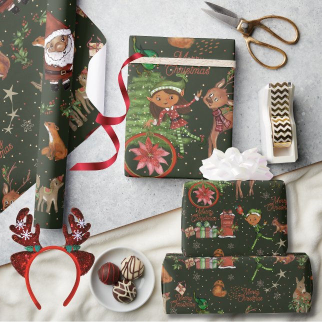 Whimsical Santa Elf & Friends Christmas Green Geschenkpapier (Whimsical Santa Elf & Friends Christmas Green Wrapping Paper)