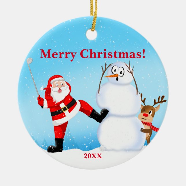 Whimsical Santa Playing Golf, Snowman und Rentier Keramik Ornament (Vorne)