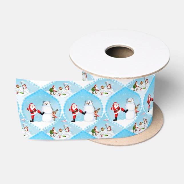 Whimsical Santa Playing Golf, Snowman und Rentier Satinband (Spule)