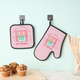 Whimsical Sardines Coastal Beach Pink Ofenhandschuh & Topflappen-Set